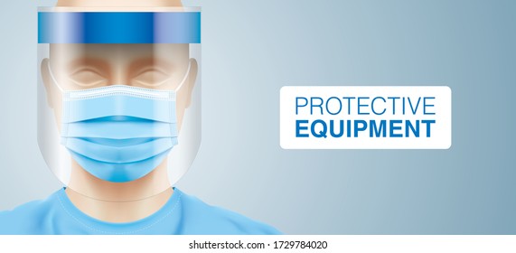 A white man wearing a plastic face shield and a blue surgical mask. A medical worker with a virus protection professional equipment on his face. Corona virus safety measures, vector illustration.