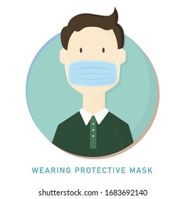 White man wearing surgical face mask.  Coronavirus disease (COVID-19) outbreak infection prevention and control. Flat design vector illustration.