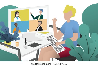 A white man while using his personal computer to communicate via online meeting program with his colleague. Online conference meeting-work from home business. Minimal illustrator vector design.