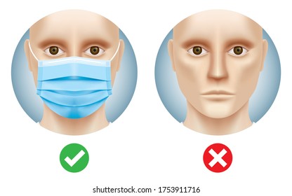 White man with and without a medical face mask. Covid-19 safety measures vector illustration. Corona virus safety rules design, for building entrance banner or sticker. Virus protection standards.