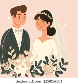 Weiße Mann und Weiße Frau zu heiraten, Hochzeitspaar, Tragen traditionellen Hochzeitskleid und Tüxedo, Braut und Bräutigam Neuvermählten, Urlaub, Design für Grußkarte und Einladungskarte, Paar in Liebe. 