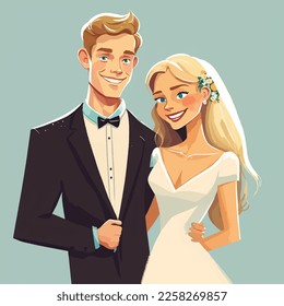 White man and white woman getting married, wedding couple, wearing traditional wedding dress and tuxedo, bride and groom newlyweds, Holiday, design for greeting and invitation card, couple in love. 