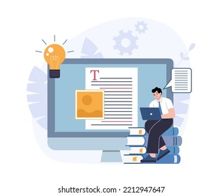 A white man works on a computer with text. Blogger or copywriter concept.