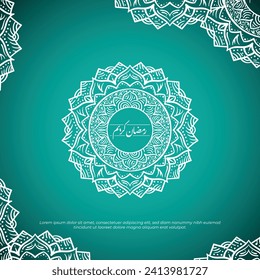 White mandala with arabic text that mean is ramadan kareem in green background design