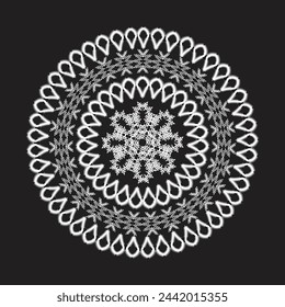 Mandala blanca, boho, patrones étnicos, estampados de camisetas, libros para colorear para adultos, yoga, meditación. Ilustración vectorial de un stock aislado sobre un fondo negro. Tatuaje
fondo, patrón de esténcil Doo
