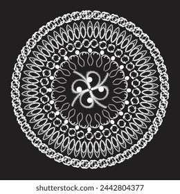 White  mandala, boho, ethnic patterns, t-shirt prints, coloring books for adults, yoga, meditation. Vector illustration of a stock isolated on a black background. Tattoo
background, Pattern Stencil Do