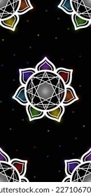 White mandala with colorful petals on black background seamless pattern vector illustration. Flower of life for yoga healing meditation.