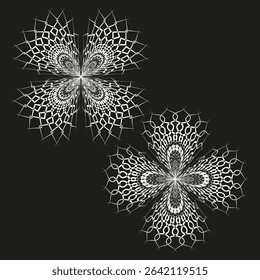 White mandala design. Round symmetrical ornament. Vector flower detail. Black background art.