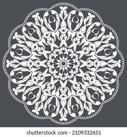 Dibujo de mandala blanca sobre un fondo gris.