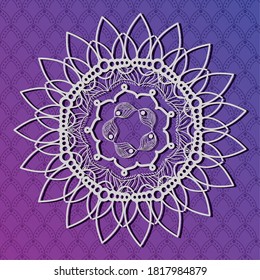 Weiße Mandala in floraler Form auf violettem Hintergrund, indianischer böhmischer Ziergegenstand und Dekorationsthema Vektorgrafik