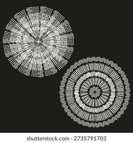 White mandala icon. Intricate circular Vector. Ornamental black background. Beautiful rosette symbol. EPS 10.