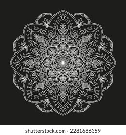 White mandala isolated on a dark background. Vintage decorative elements. Outline hand drawn. Vector illustration
