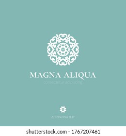 White mandala logo. Elegant, classic elements. Can be used for jewelry, beauty and fashion industry. Great for emblem, monogram, invitation, flyer, menu, brochure, background, or any desired idea.