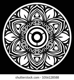 White mandala on a black background.