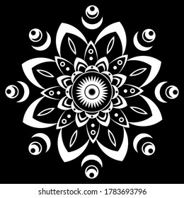 White mandala on a black background. Round pattern, floral ornament. Beautiful symmetrical element. Antistress, relaxation