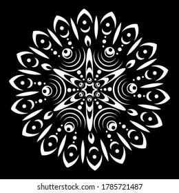 Mandala blanca sobre fondo negro. Patrón redondo, adorno floral. Hermoso elemento simétrico. Antiestrés, relajación