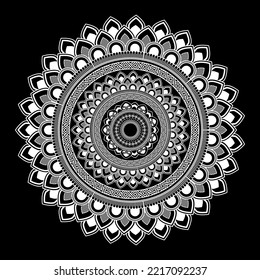 White mandala on black background, Pattern Stencil Doodles Sketch, Round ornament patterns for Henna, Mehndi, Tattoo