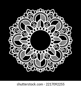 White mandala on black background, Pattern Stencil Doodles Sketch, Round ornament patterns for Henna, Mehndi, Tattoo