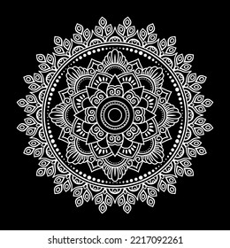 White mandala on black background, Pattern Stencil Doodles Sketch, Round ornament patterns for Henna, Mehndi, Tattoo