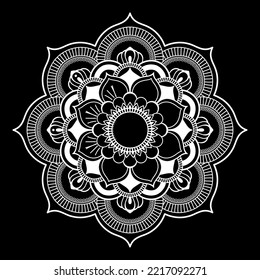 White mandala on black background, Pattern Stencil Doodles Sketch, Round ornament patterns for Henna, Mehndi, Tattoo