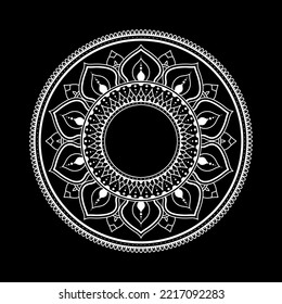 White mandala on black background, Pattern Stencil Doodles Sketch, Round ornament patterns for Henna, Mehndi, Tattoo
