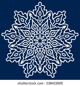 White Mandala on blue background. Ethnic decorative elements. Hand drawn background. Islam, Arabic, Indian, ottoman motifs. adult coloring,design, coloring page, embroidery, symmetrical pattern