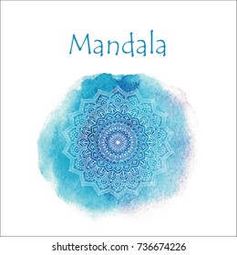 White mandala on blue hand painted watercolor background. Ethnic round ornament. Vector art