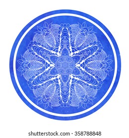 White mandala on blue  Watercolor background. Geometric round decorative element for design. Lace flower pattern isolated on white background. Vector illustration in oriental