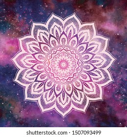White mandala on hand painted watercolor space background. Element for your design. Vector art	