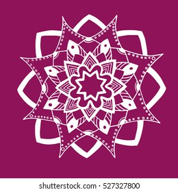 White mandala on the purple background. Sketch. Vector image. Eastern flower. Coloring book pages, shapes, pattern