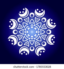 White mandala on radial gradient blue background. Round pattern, floral ornament. Beautiful symmetrical element. Antistress, relaxation