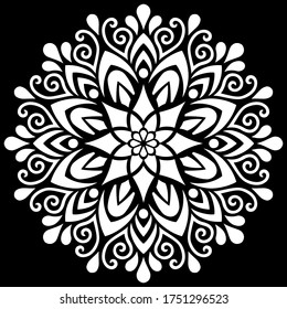 White mandala pattern on black, stencil doodle sketch.