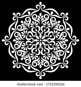 White mandala pattern on black, stencil doodle sketch.