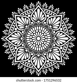 White mandala pattern on black, stencil doodle sketch.