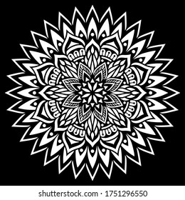 White mandala pattern on black, stencil doodle sketch.