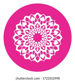 White mandala with pink circle background. Circle isolated mandala. Perfect for art, clothing, wrapping, souvenir, wallpaper, decoration, and background.