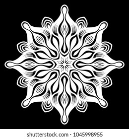 White mandala. Round Ornament Pattern on black background. Vector illustration.