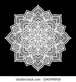 White mandala. Round Ornament Pattern on black background. Vector illustration.