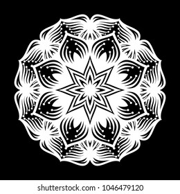 White mandala. Round Ornament Pattern on black background. Vector illustration.