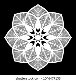 White mandala. Round Ornament Pattern on black background. Vector illustration.