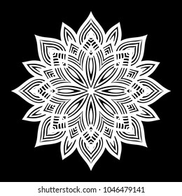 White mandala. Round Ornament Pattern on black background. Vector illustration.