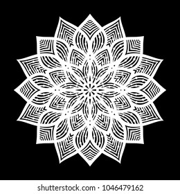 White mandala. Round Ornament Pattern on black background. Vector illustration.