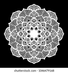 White mandala. Round Ornament Pattern on black background. Vector illustration.