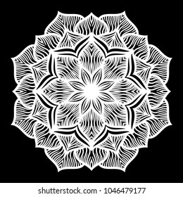 White mandala. Round Ornament Pattern on black background. Vector illustration.