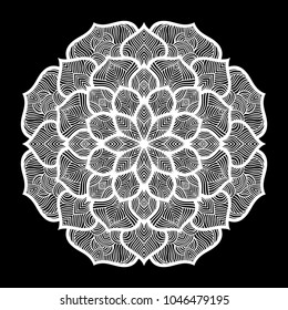 White mandala. Round Ornament Pattern on black background. Vector illustration.
