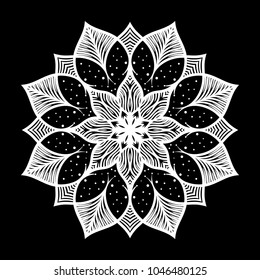 White mandala. Round Ornament Pattern on black background. Vector illustration.