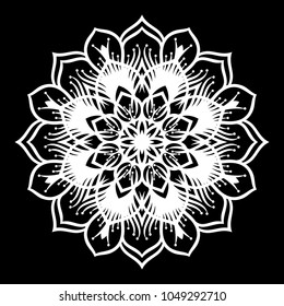 White mandala. Round Ornament Pattern on black background. Vector illustration.