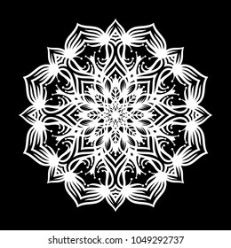 White mandala. Round Ornament Pattern on black background. Vector illustration.