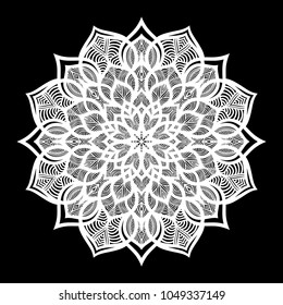 White mandala. Round Ornament Pattern on black background. Vector illustration.