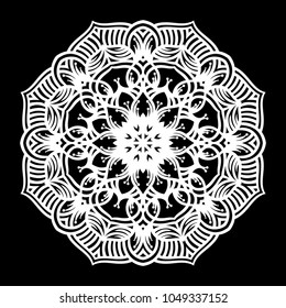 White mandala. Round Ornament Pattern on black background. Vector illustration.